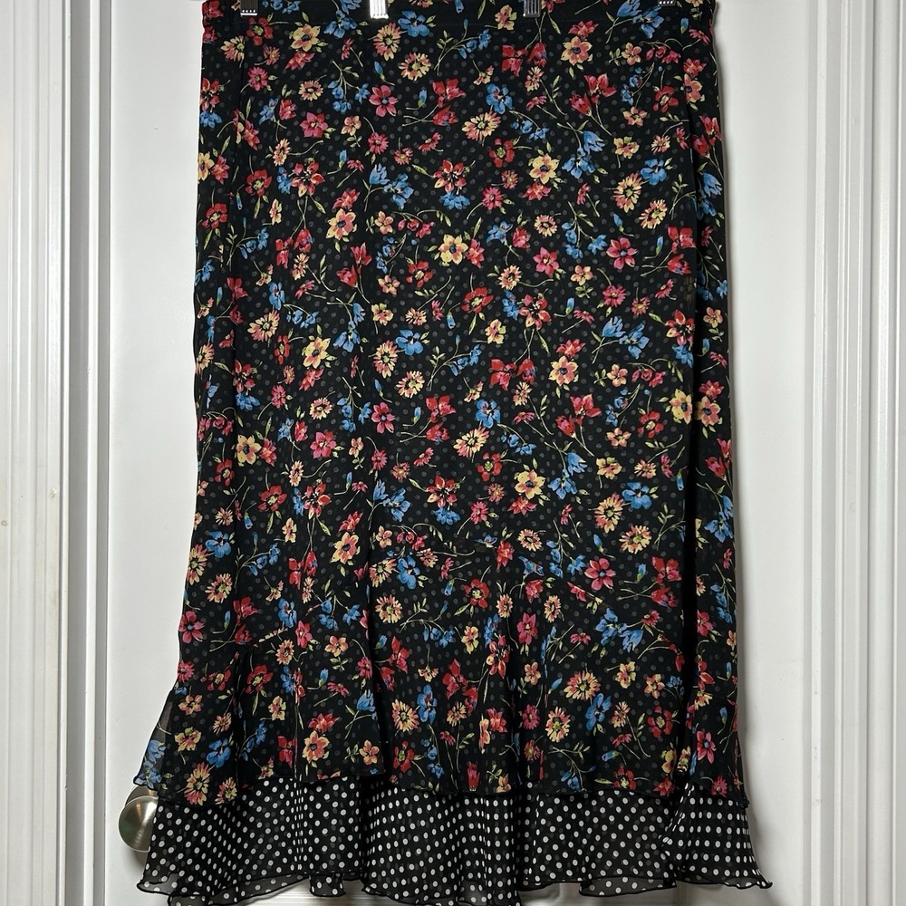 Reversible Black‎ Floral Polka Dot Ruffled Flounce Midi Skirt Cottagecore Style